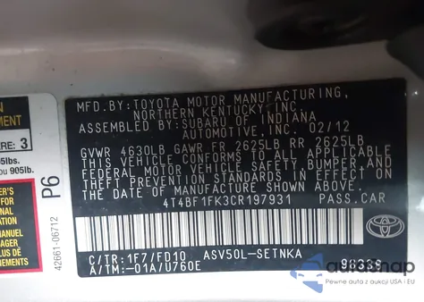 2012 Toyota Camry Le z USA, uszkodzony, nr VIN 4T4BF1FK3CR197931